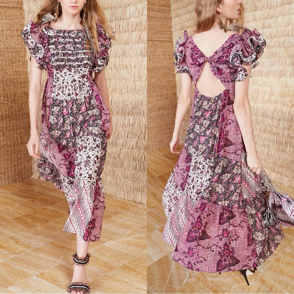 Ulla Johnson Zoya Batik Ruffle Tiered Floral Maxi Dress - Fuchsia - Size 4